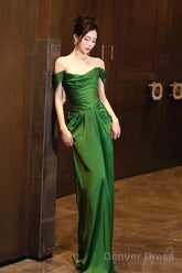 Green Off Shoulder Beautiful Soft Satin Evening Dress, Green Long Prom Dress