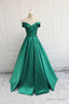 Green Off Shoulder Fashionable Long Prom Dress, Satin Long Prom Dresses