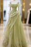 Green Off Shoulder Lace Long Prom Dresses, Green Formal Dresses