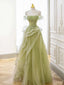 Green Off Shoulder Lace Long Prom Dress, Green Prom Dresses