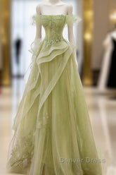 Green Off Shoulder Lace Long Prom Dresses, Green Formal Dresses