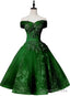 Green Off Shoulder Tea Length Party Dress With Lace, Green Formal Dress Prom Dress