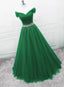 Green Off Shoulder Tulle Beaded A Line Prom Dress, Green Floor Length Long Prom Dresses