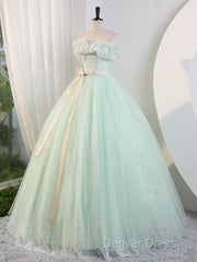 Green Off Shoulder Tulle Green Long Prom Dresses, Green Lace Long Sweet 16 Dresses