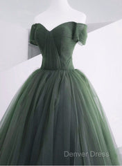 Green Off Shoulder Tulle Sweetheart Long Party Dresses, Green Tulle Evening Dresses Prom Dresses