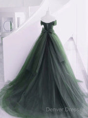Green Off Shoulder Tulle Sweetheart Long Party Dresses, Green Tulle Evening Dresses Prom Dresses