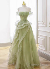 Green Off Shoulder Tulle With Lace A-Line Prom Dress, Green Long Formal Gown