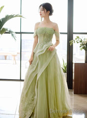 Green Off Shoulder Tulle With Lace A-Line Prom Dress, Green Long Formal Gown