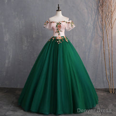 Green Off Shoulder Tulle with Lace Formal Gown, Green Evening Sweet 16 Dresses