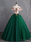 Green Off Shoulder Tulle with Lace Prom Gowns, Green Prom Sweet 16 Dresses
