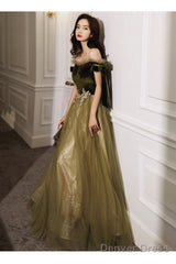 Green Off Shoulder Velvet And Tulle Long Evening Dress With Lace, Long Prom Dresses