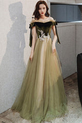 Green Off Shoulder Velvet And Tulle Long Evening Dress With Lace, Long Prom Dresses