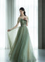 Green Off Shoulder with Flowers Tulle Long Prom Dress, Green Prom Dresses