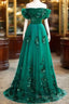 Green Off Shouldr Ball Gowns Flowers Tulle Prom Dress, Green Floor Length Prom Dresses