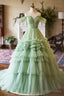 Green Off the Shoulder Tulle Layers Long Prom Dress, Green Prom Dresses
