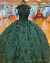 Green Princess Ball Gown Quinceanera Dresses Sweet 15 Party 3D Flowers Lace Applique Crystal Beads Sequin Birthday Gown