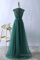 Green Prom Dresses Scoop Tulle & Lace With Sash A Line Sweep Train Floor Length Elegant