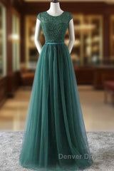 Green Prom Dresses Scoop Tulle & Lace With Sash A Line Sweep Train Floor Length Elegant