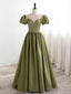 Green Puff Sleeves Satin Long Prom Dress, Green Long Prom Dresses