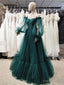 Green Puffy Sleeves Lace Top Long Prom Dress, Green Tulle Prom Dresses