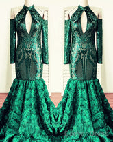 Green Rosette Sequin Mermaid Prom Dresses Cold Shoulder