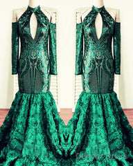 Green Rosette Sequin Mermaid Prom Dresses Cold Shoulder