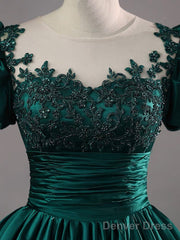 Green Round Neck Satin Lace Long Prom Dress, Green Lace Formal Dress