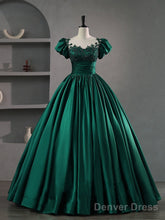 Green Round Neck Satin Lace Long Prom Dress, Green Lace Formal Dress
