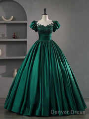 Green Round Neck Satin Lace Long Prom Dress, Green Lace Formal Dress