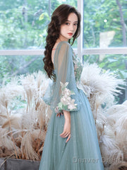 Green Round Neck Tulle Lace Long Prom Dress, Green Evening Dress