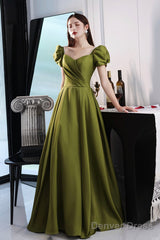 Green Saitn Long Prom Dresses, A-Line Evening Dresses
