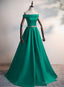 Green Satin A Line Long Off Shoulder Simple Prom Dress, Green Prom Dress