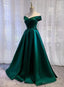 Green Satin A Line Off Shoulder Floor Length Prom Dress Green Prom Dress shops