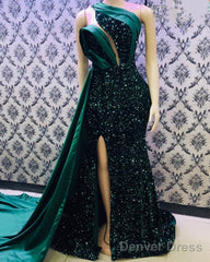 Green Satin And Sequin Prom Dresses Mermaid