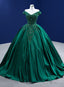 Green Satin Beaded Off Shoulder Long Prom Gowns, Green Sweet 16 Dresses