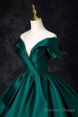 Green Satin Floor Length A-Line Formal Dress, Beautiful V-Neck Evening Party Dress