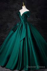 Green Satin Floor Length A-Line Formal Dress, Beautiful V-Neck Evening Party Dress