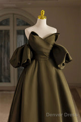 Green Satin Floor Length Party Dress, A-Line Puffy Short Sleeve Evening Prom Dress