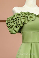 Green Satin Floor Length Prom Dresses, Off The Shoulder Evening Party Dresses