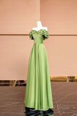 Green Satin Floor Length Prom Dresses, Off The Shoulder Evening Party Dresses