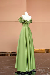 Green Satin Floor Length Prom Dresses, Off The Shoulder Evening Party Dresses