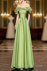 Green Satin Floor Length Prom Dresses, Off The Shoulder Evening Party Dresses