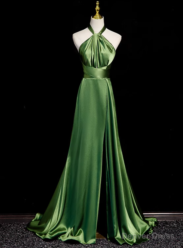 Green Satin Halter Backless Prom Dress – Denver Dress