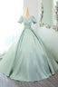 Green Satin Lace Long Prom Dress, Beautiful A Line Short Sleeve Prom Dresses
