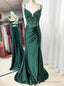 Green Satin Lace Spaghetti Straps Prom Dresses