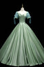 Green Satin Long A Line Ball Gowns, Short Sleeve Green Prom Dresses
