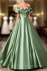 Green Satin Long A-Line Party Dresses, Off The Shoulder Formal Evening Dresses