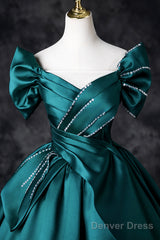 Green Satin Long A-Line Prom Dress, Green Off The Shoulder Evening Party Dress