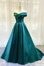 Green Satin Long A Line Prom Dress, Simple Off the Shoulder Prom Dresses