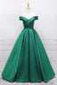 Green Satin Long A Line Prom Dress, V Neck Off the Shoulder Prom Dresses